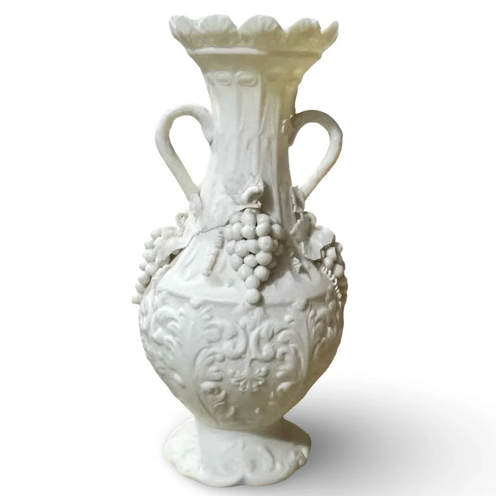 White Parian Ware Amphora Vase 8.5” Grape Design